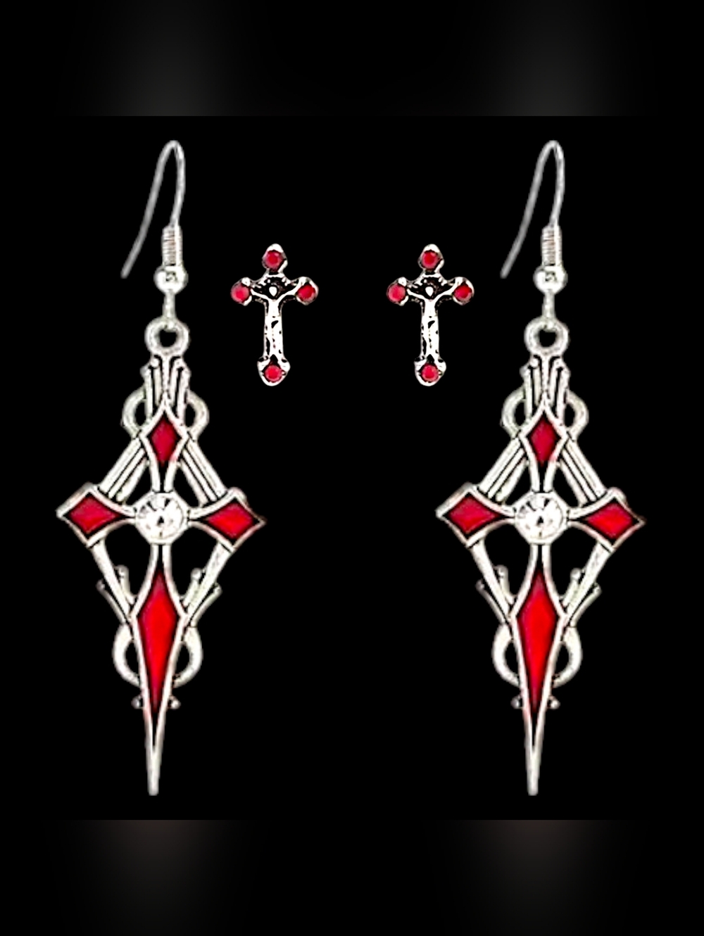 NWT 2 Pairs of Silver Cross Earring with Red Gemstones